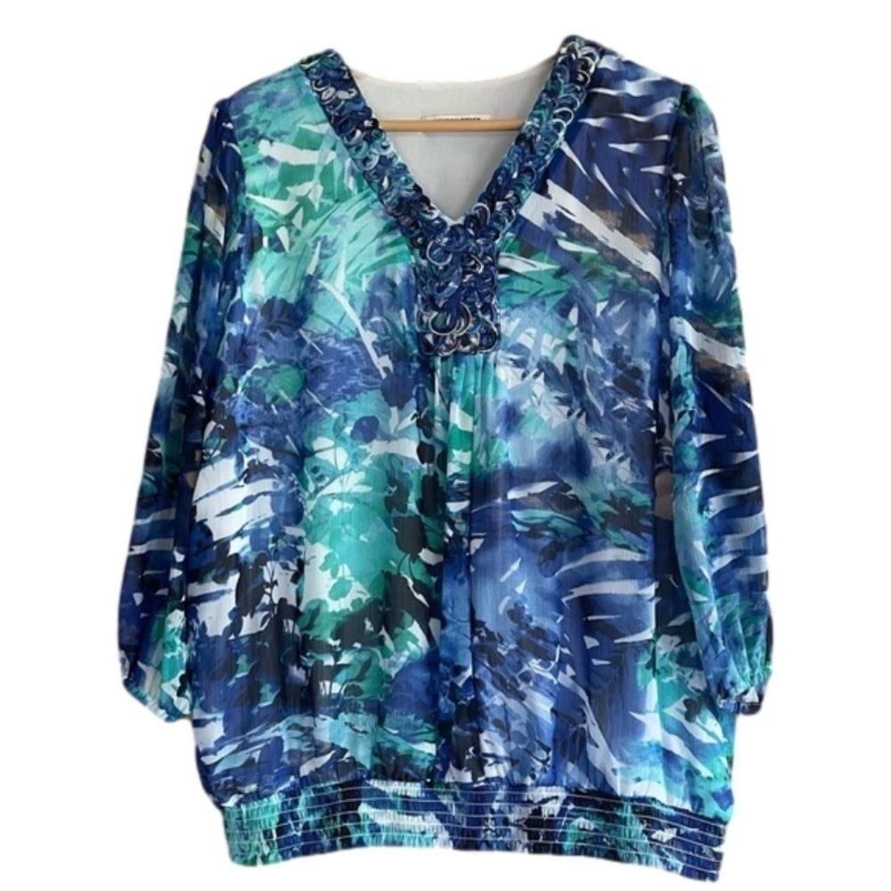 Allison Daley Petite tropical floral print semi-sheer blouse 1X